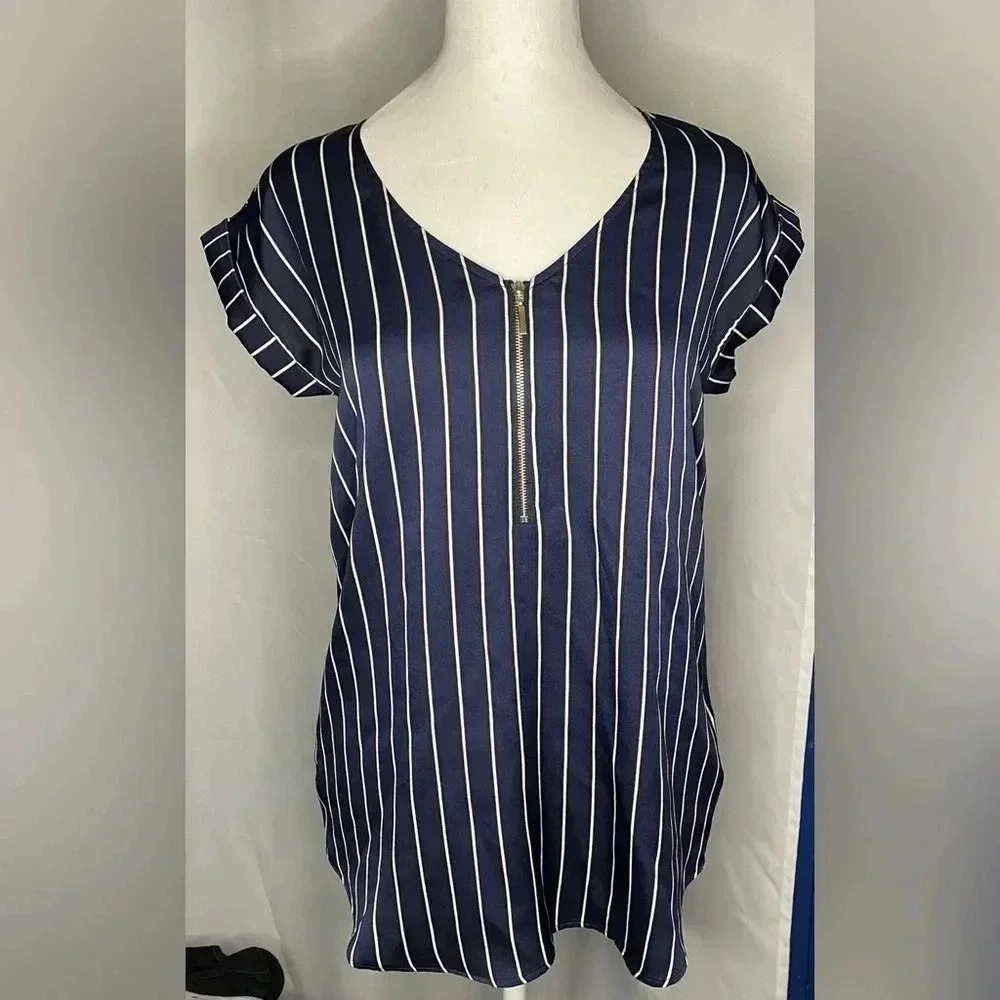Express short sleeve satin zip‎ neck shirt